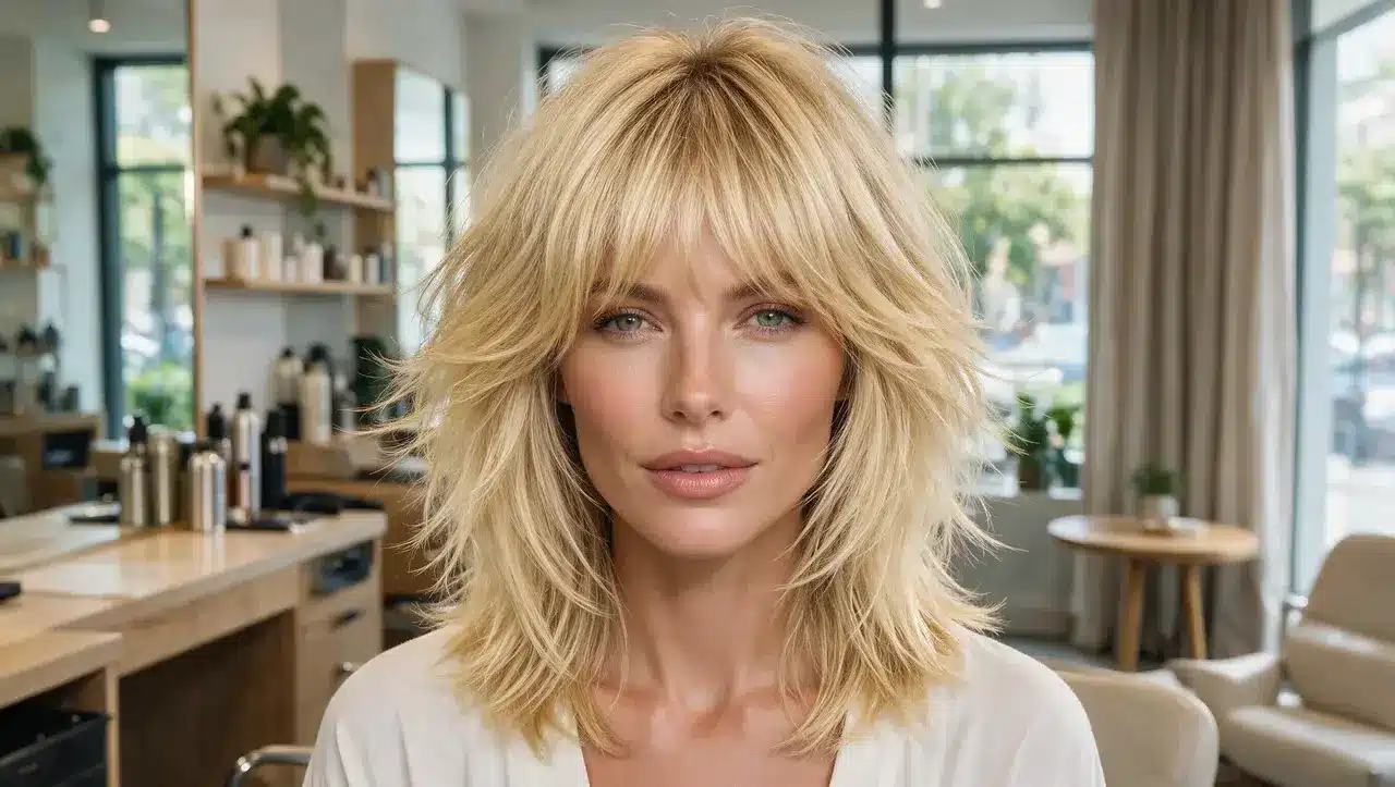 blonde shag hairstyle with layered texture and soft fringe