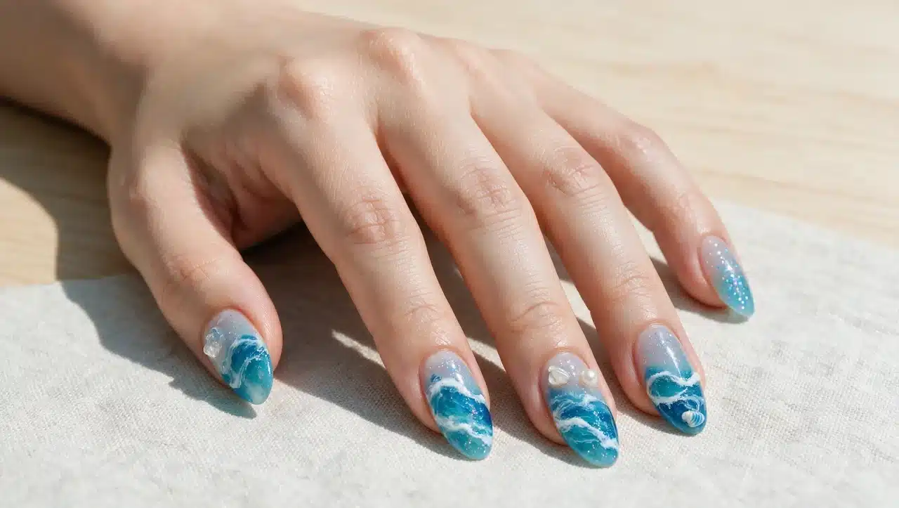 blue ocean wave nails with white wave inspired nail details