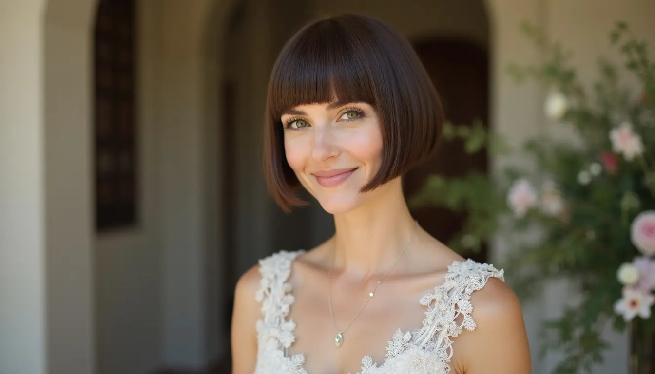 blunt pixie bob haircut with clean ends and smooth texture for wedding guest style