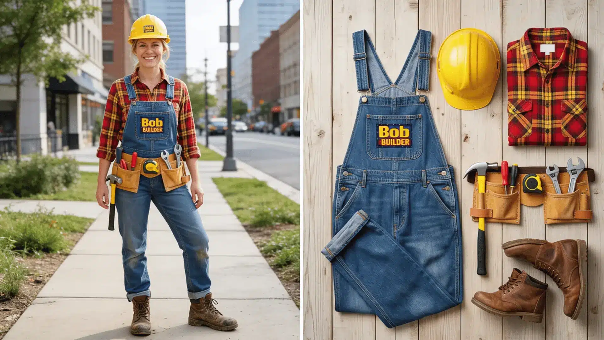 Bob the Builder costume with overalls, checked shirt, hard hat, and tool belt