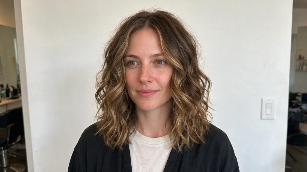 woman with shoulder length brown body wave perm showing loose natural waves visible roots soft volume and salon textures