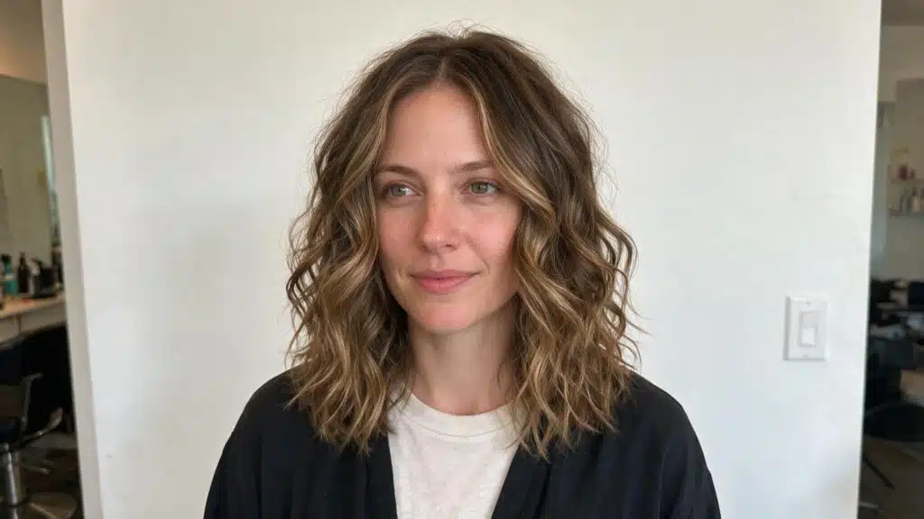 woman with shoulder length brown body wave perm showing loose natural waves visible roots soft volume and salon textures