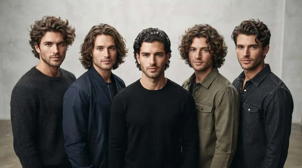 five white american men showing different body wave perm hairstyles with textured hair details and volume