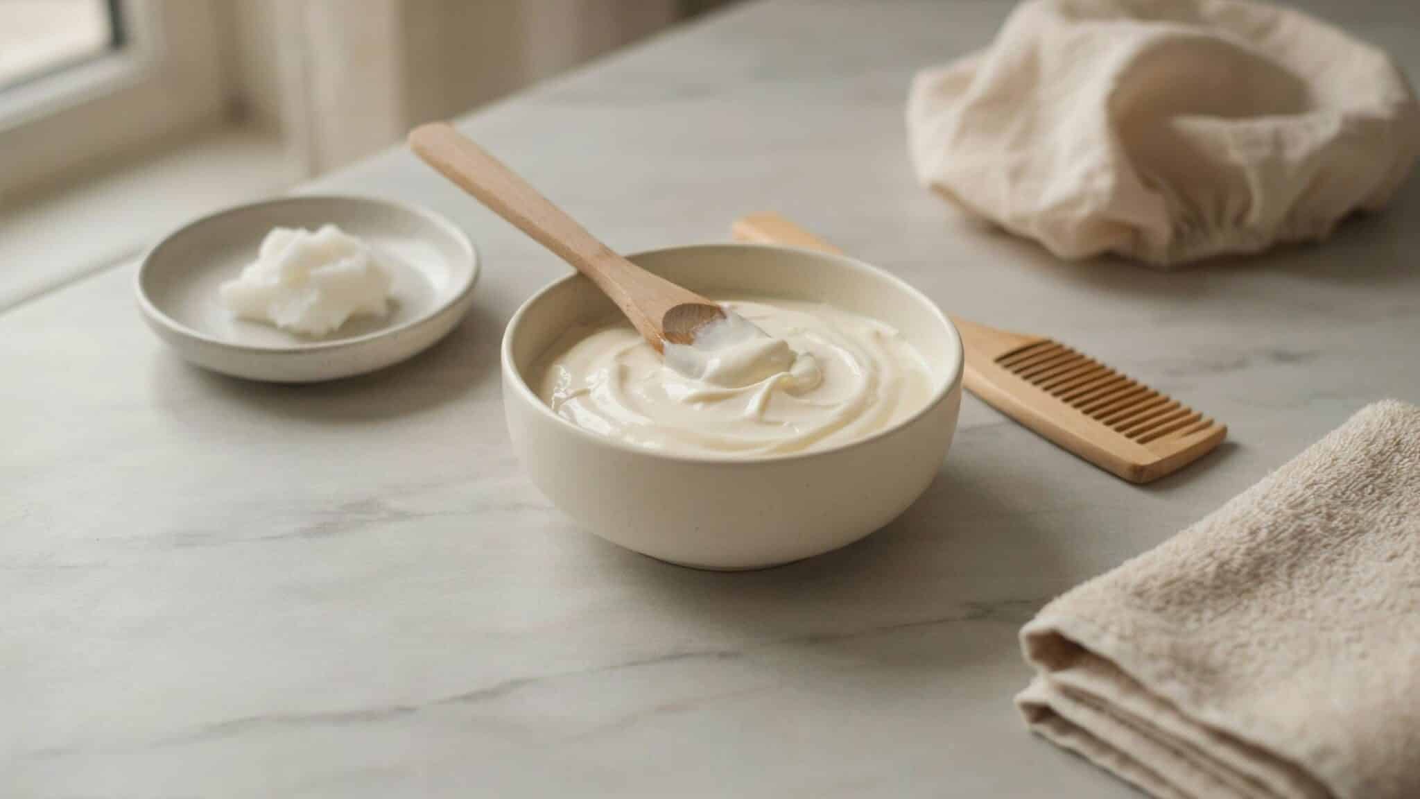 bowl of mayonnaise and coconut oil hair mask with coconut oil comb towel and shower cap beside it