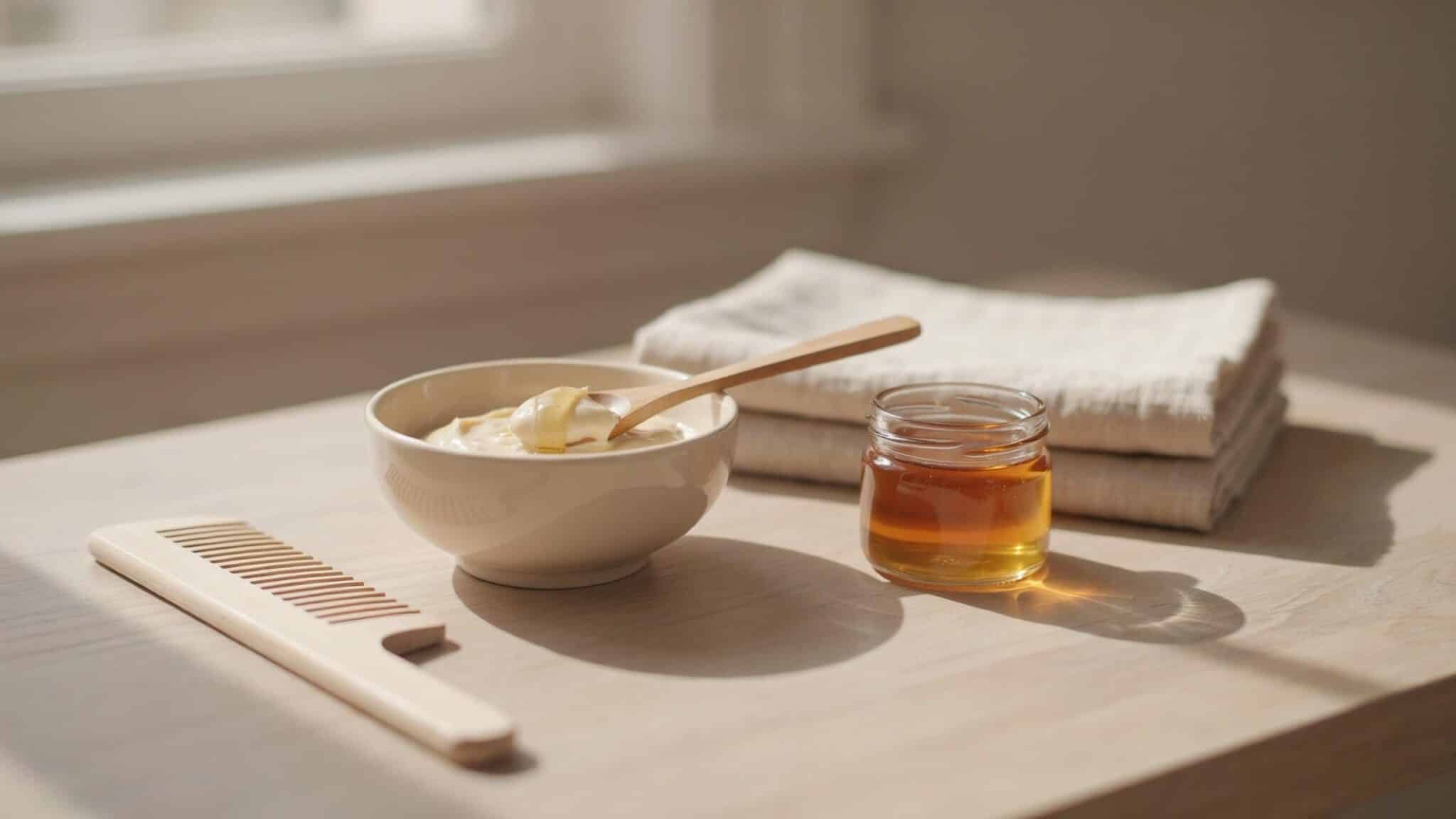 bowl of mayonnaise and honey hair mask with golden honey comb and towel on a vanity
