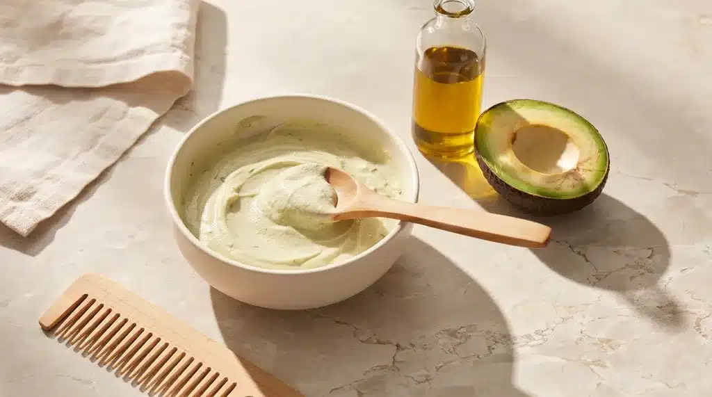 bowl of mayonnaise avocado hair mask with avocado olive oil comb and towel beside it