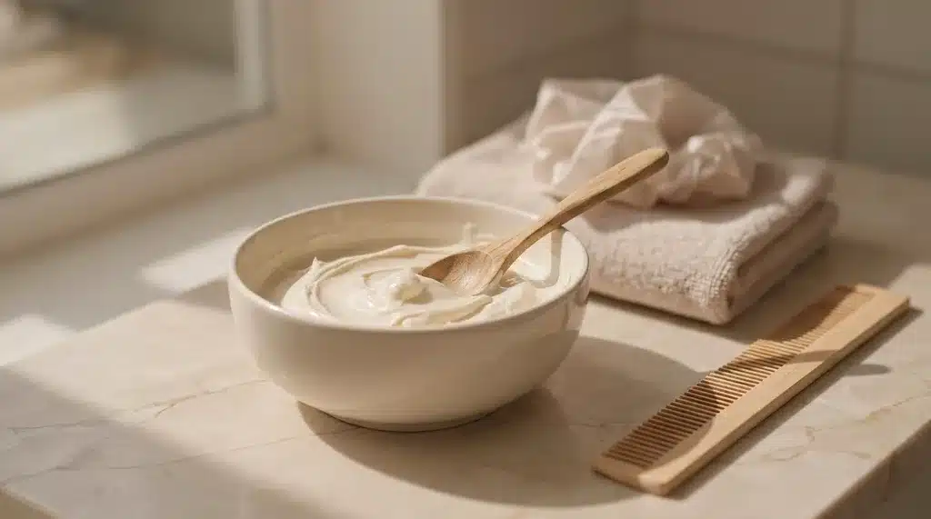 bowl of plain mayonnaise beside a comb towel spoon and shower cap on a bathroom counter