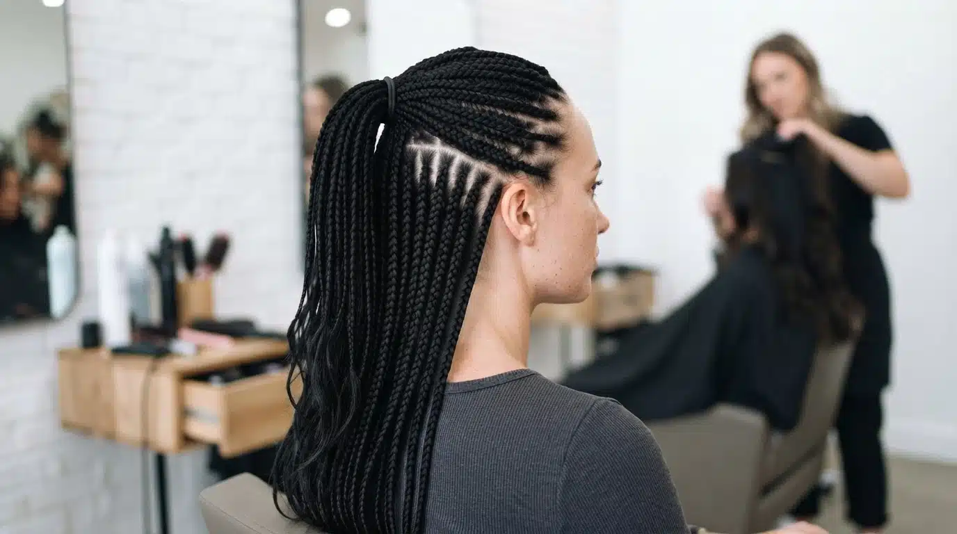 box braid half up style with flowing black braids in salon setting