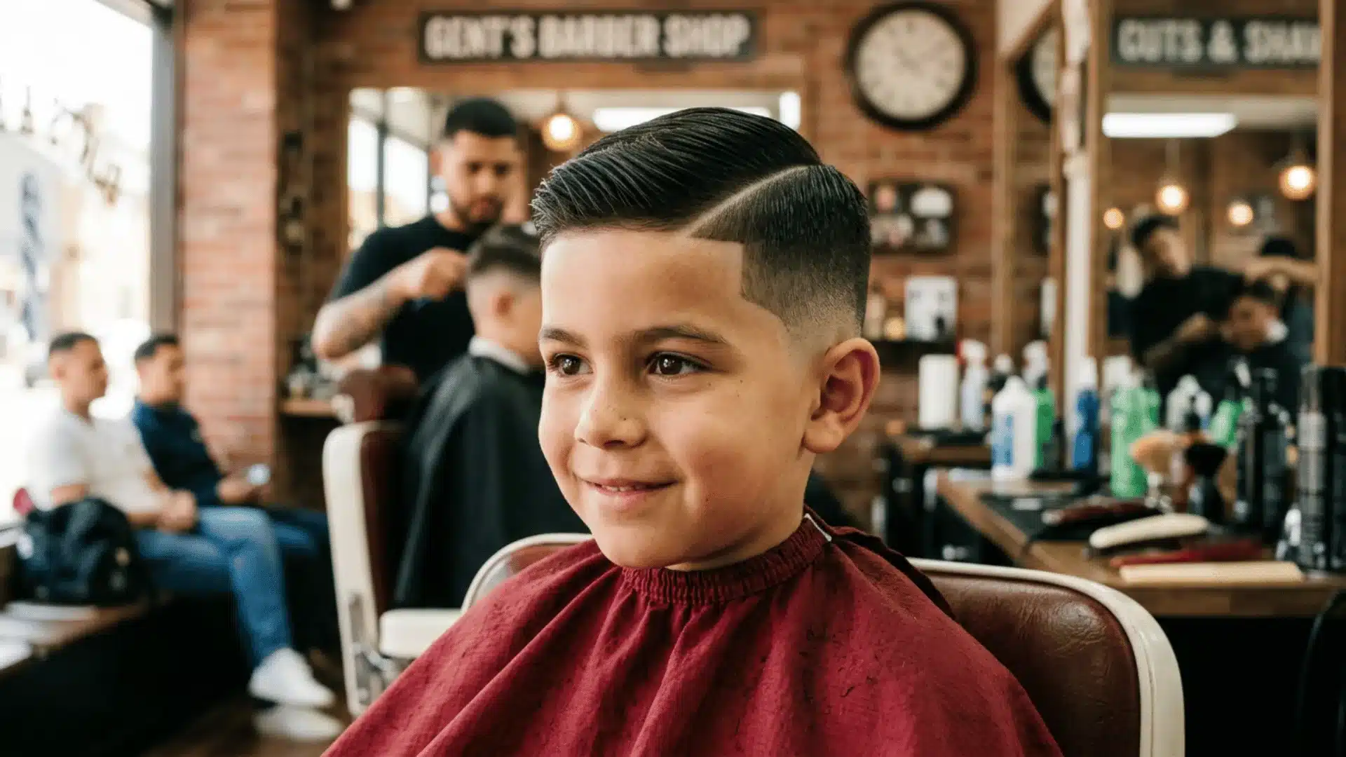 Boy with a sleek side-part haircut and low fade sitting in a modern barbershop chair, smiling after a fresh haircut