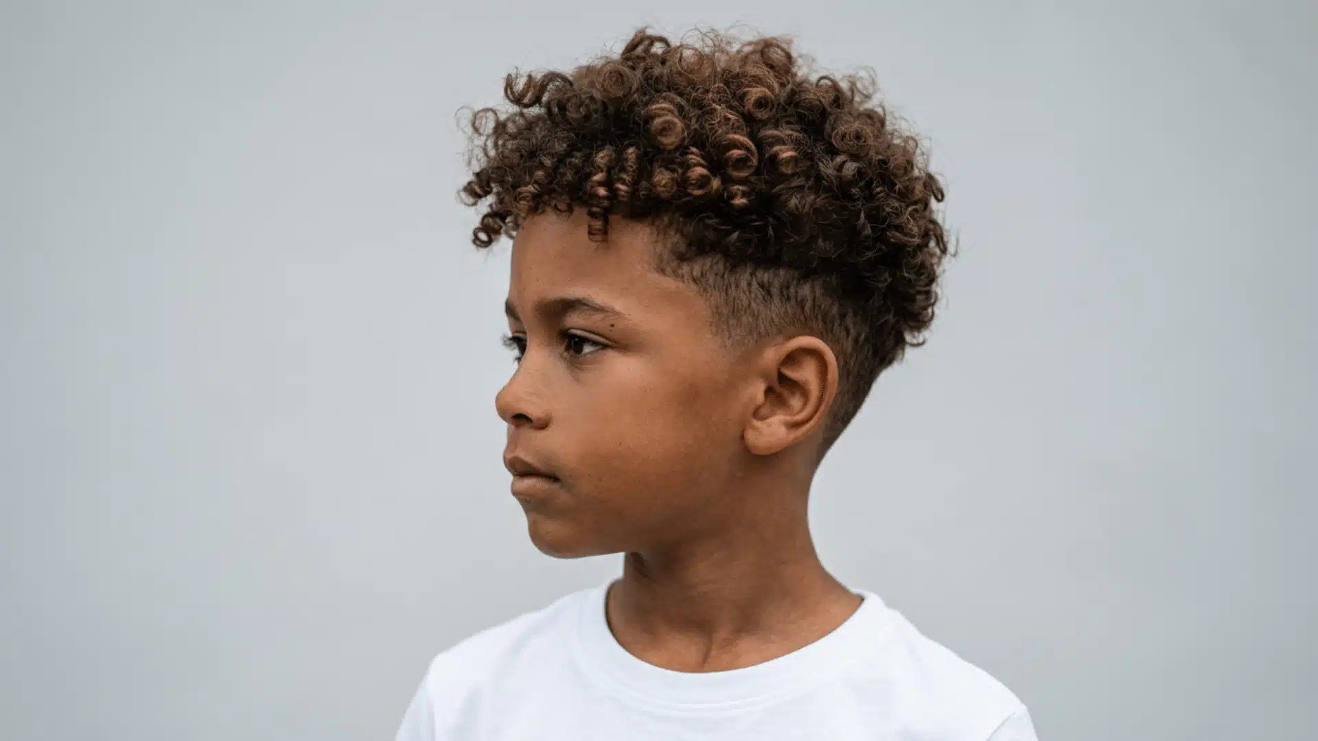 Boy with curly high fade haircut and defined curls posing in profile against a clean gray background