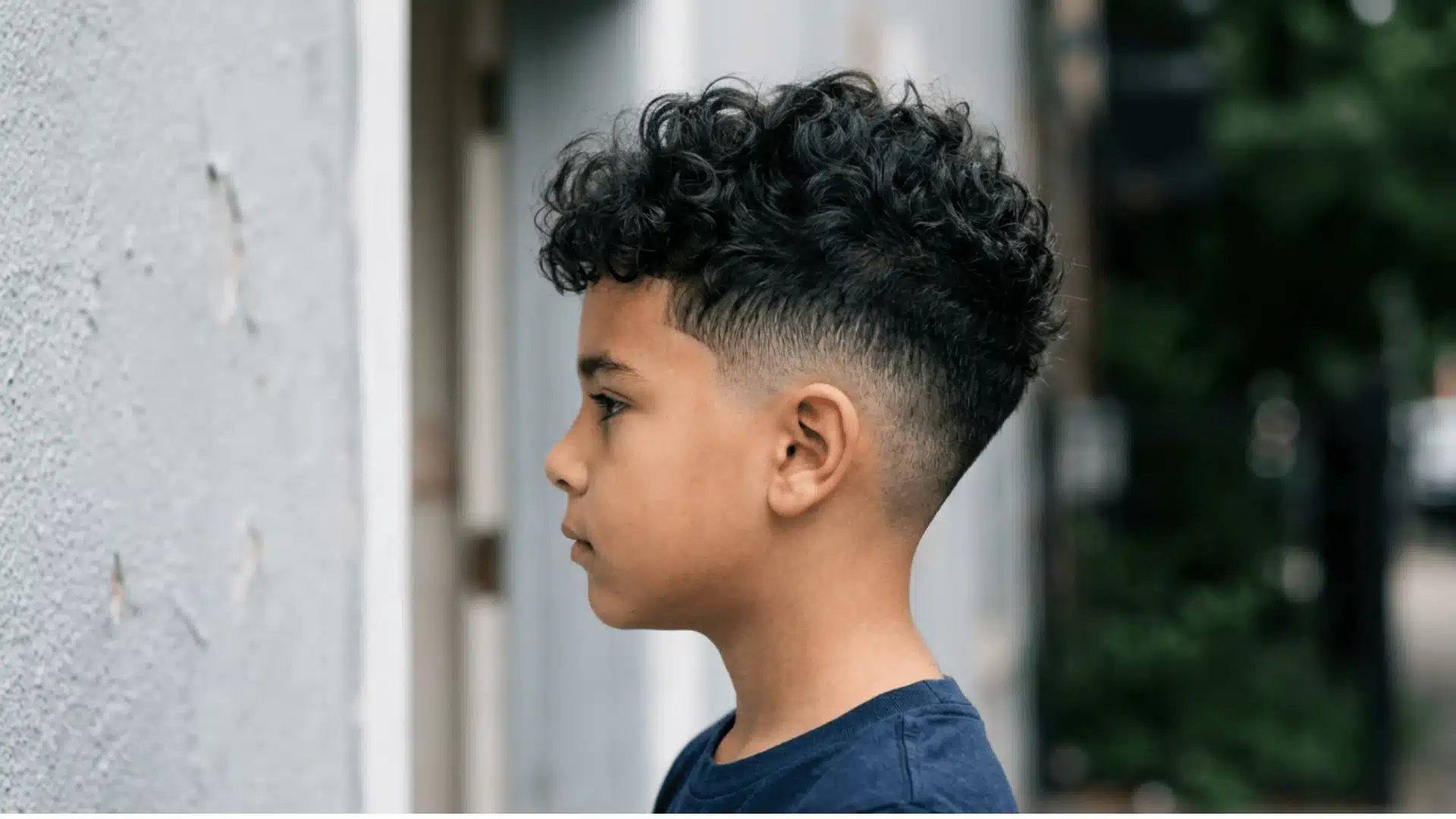 Boy with curly textured fade haircut in side profile standing outdoors near a concrete wall background