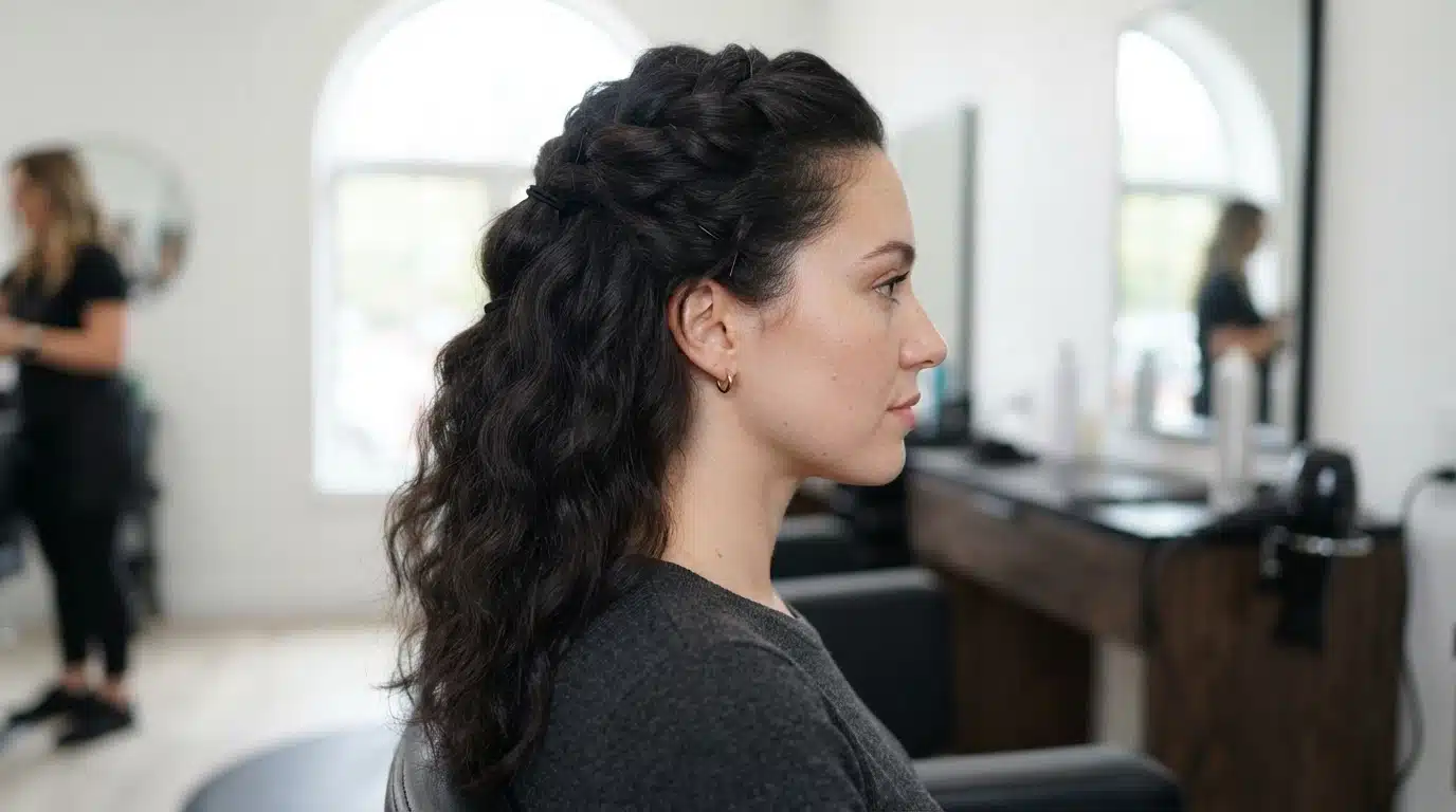 braid out half up style with textured black waves in salon setting
