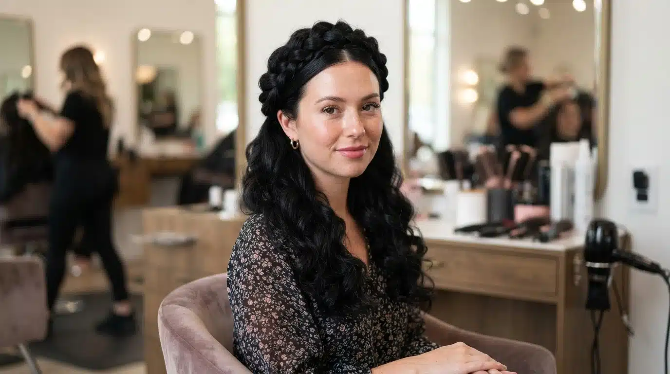 braided crown half up look with loose curls on white american woman