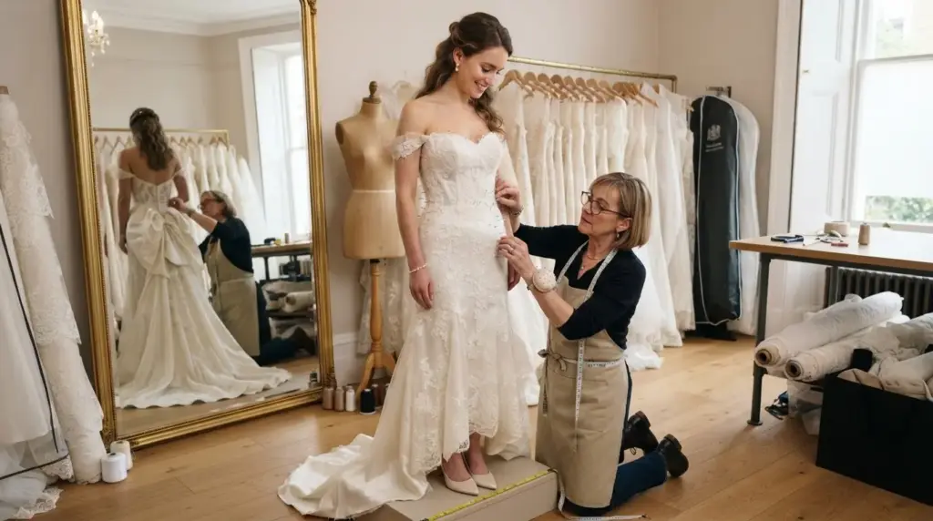 bride standing on a fitting platform as a seamstress adjusts her wedding gown