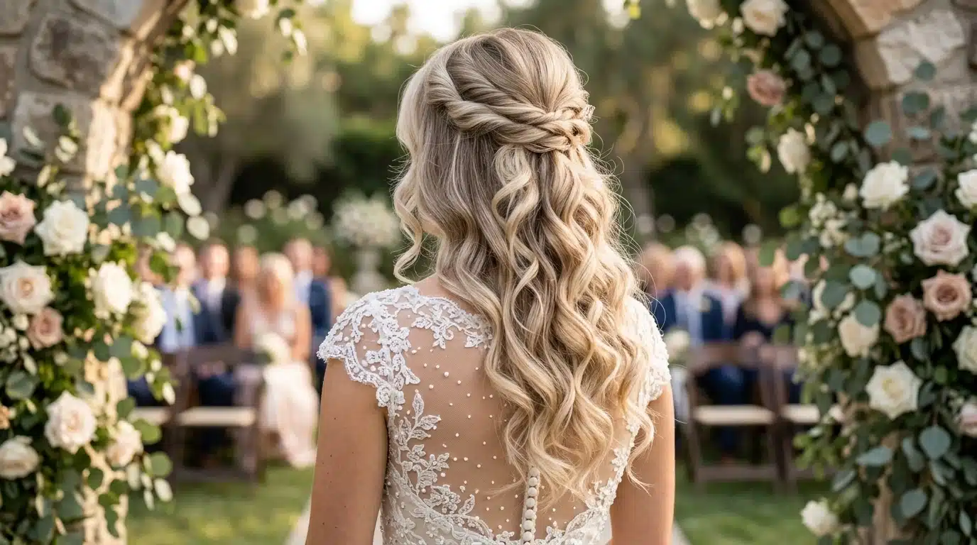 bride with voluminous twisted half up hairstyle and soft wedding curls