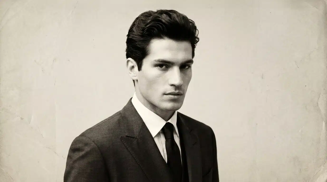 brushed back wavy hairstyle shown in front and profile views with natural wave texture and tapered sides