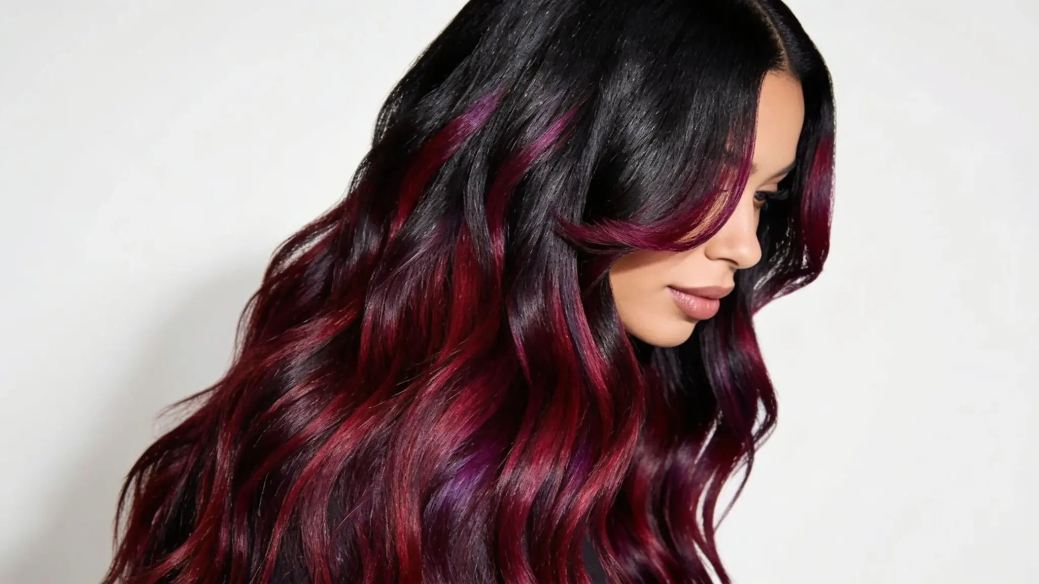 burgundy balayage with deep red tones on black hair with glossy dimensional highlights