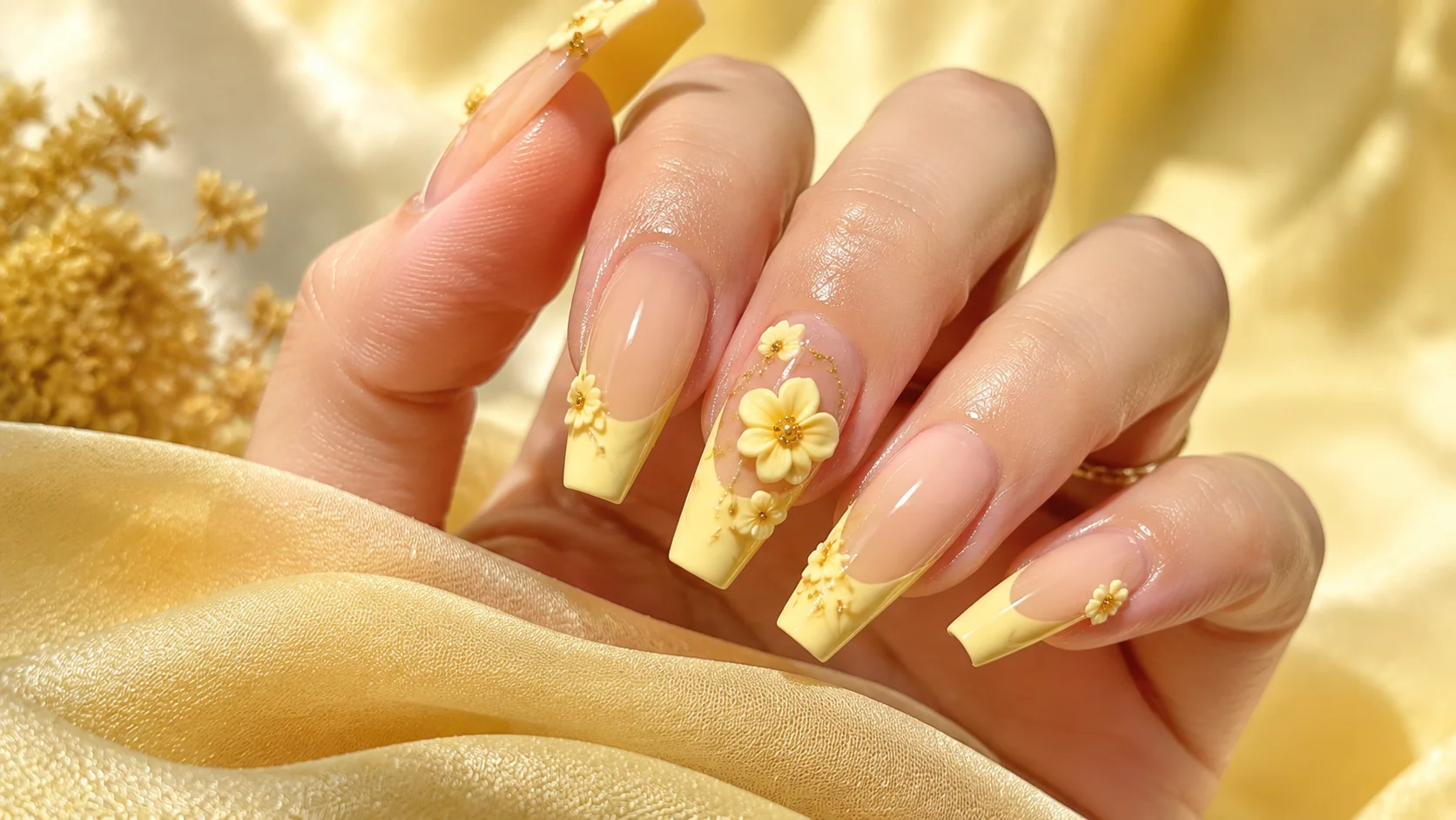 butter yellow french tip nails with 3d flower accents on hand against a soft yellow background