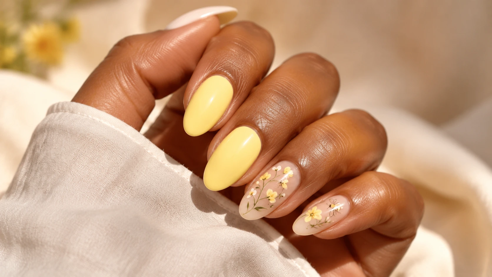 butter yellow nails with delicate flower line art on accent nails over soft cream fabric background