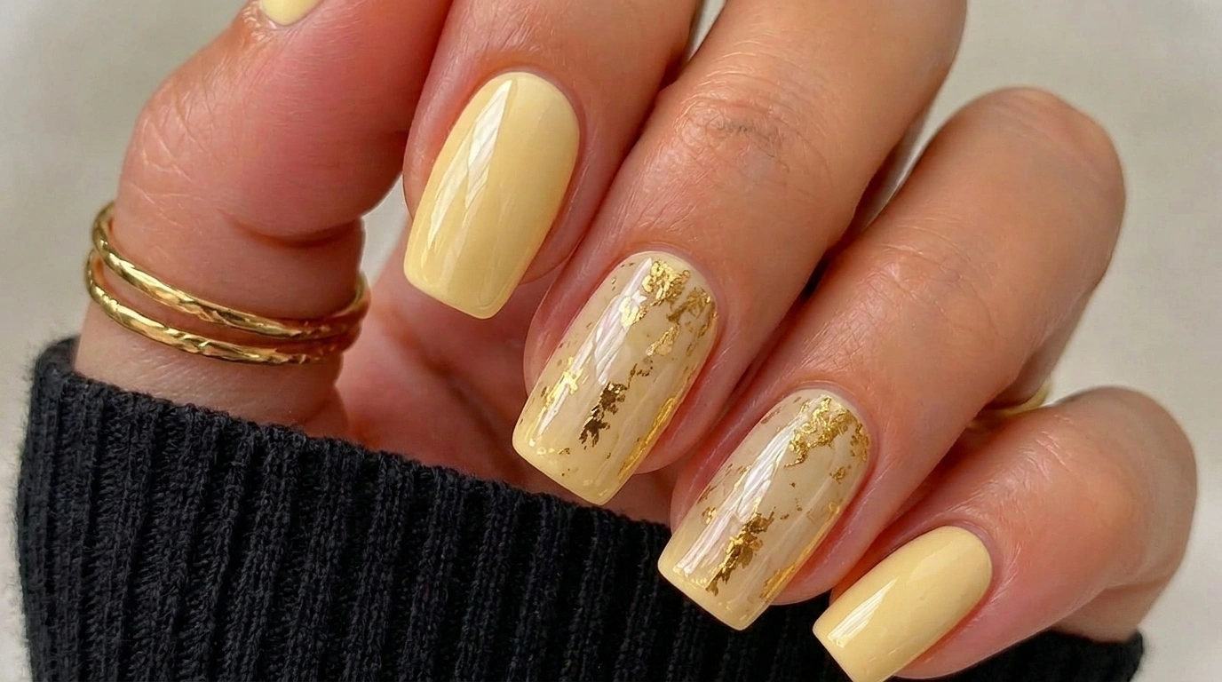 butter yellow nails with glossy finish and gold foil accents on almond shaped manicure design