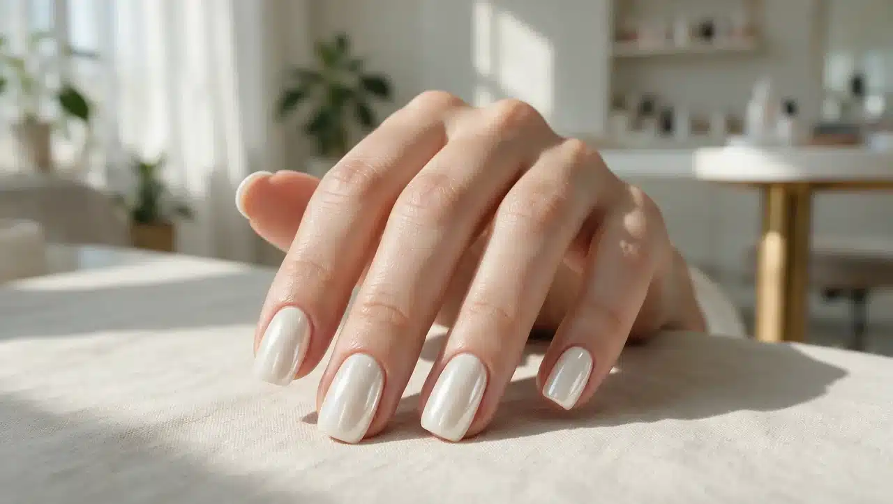 buttercream chrome nails with warm beige glossy metallic finish