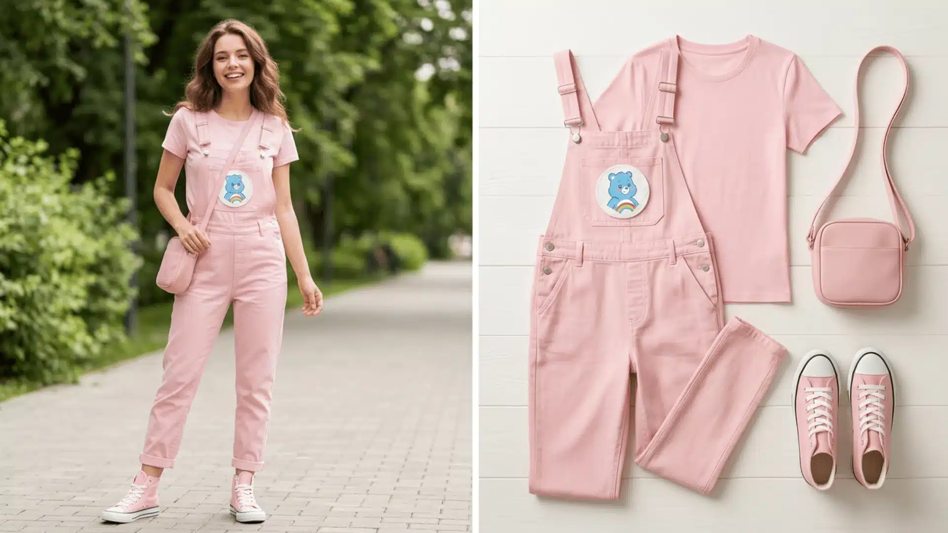 Care Bear-inspired overalls outfit with pastel colors and a belly badge