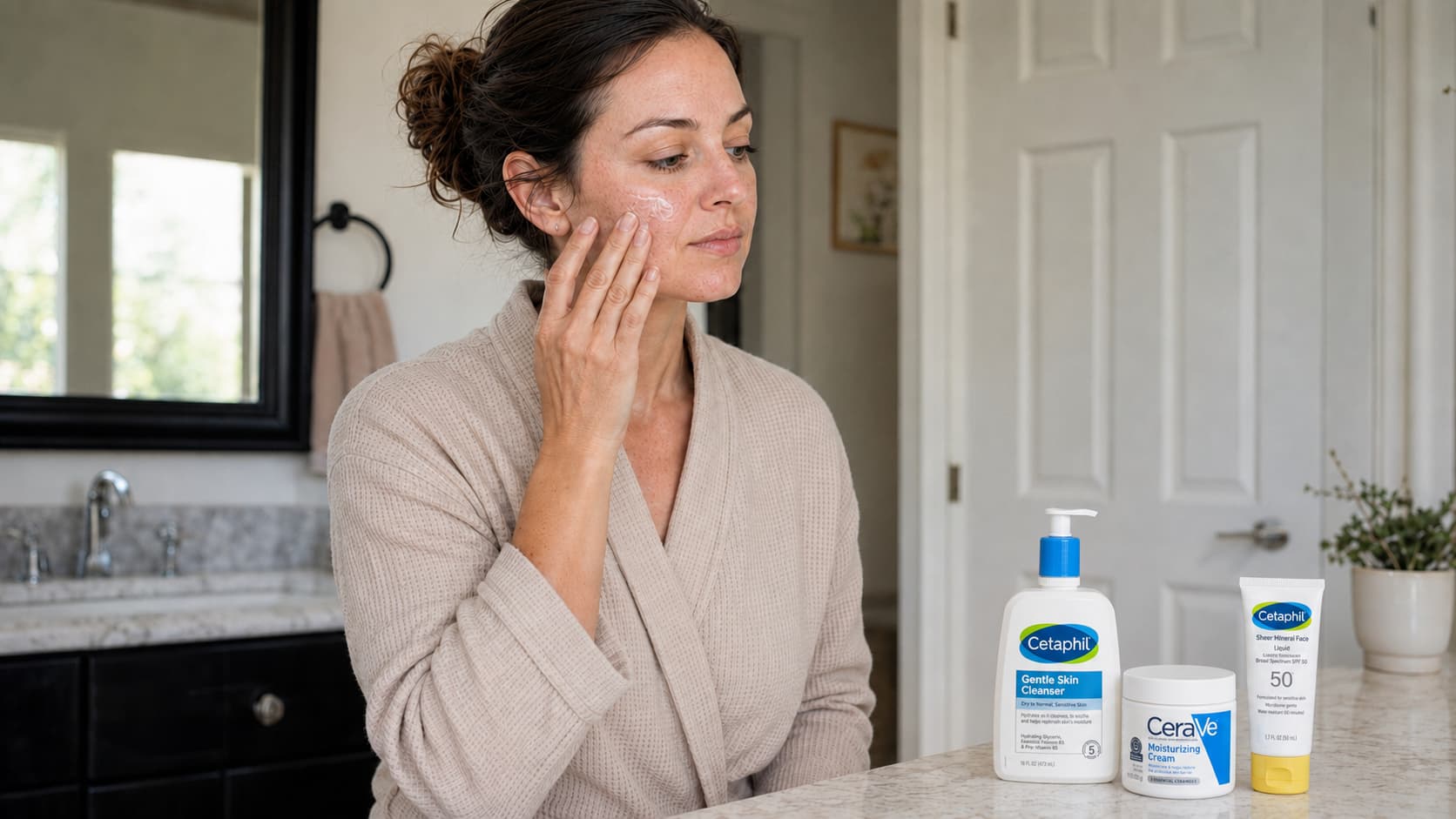 caucasian woman applying gentle skincare products like cetaphil and cerave on her face for healing