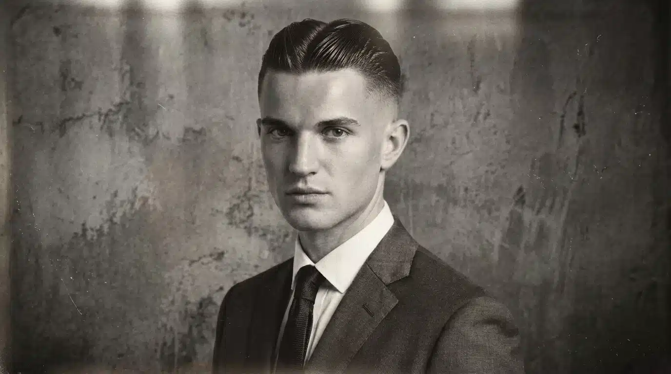 center part hairstyle with smooth combed hair and controlled tapered sides