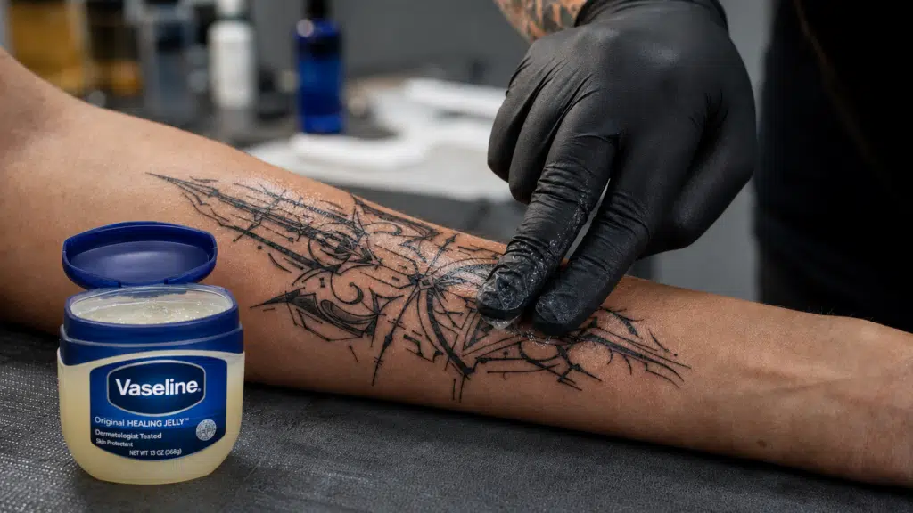 person applying vaseline on a fresh tattoo for aftercare and skin protection