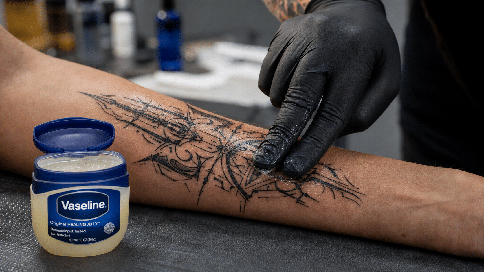 person applying vaseline on a fresh tattoo for aftercare and skin protection