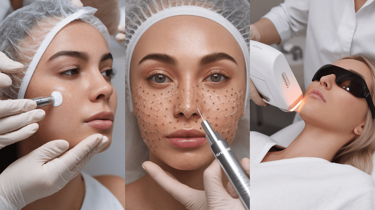 chemical peel microneedling and laser skin treatments shown in dermatology clinic collage