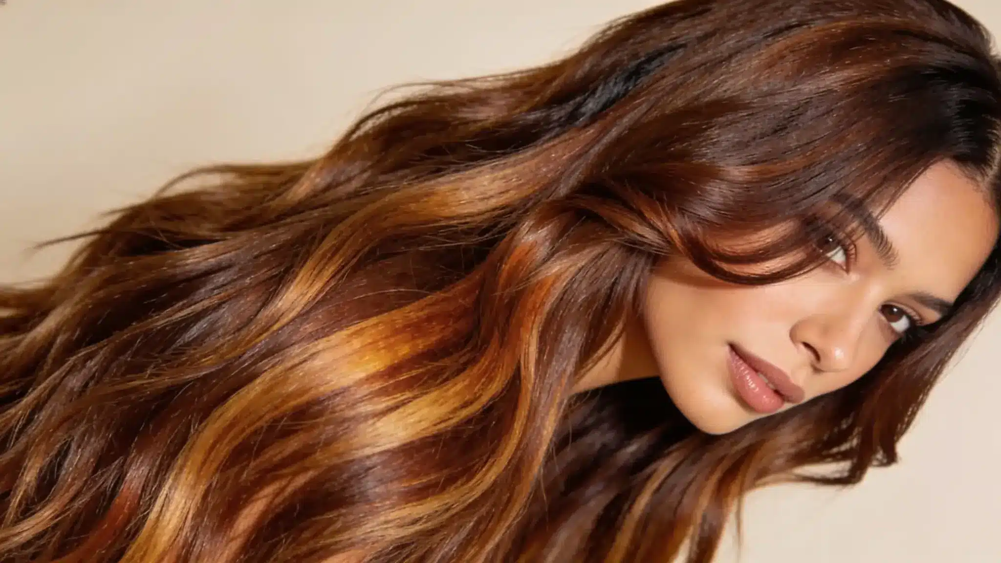 chestnut balayage with warm brown highlights on long flowing hair with natural dimension