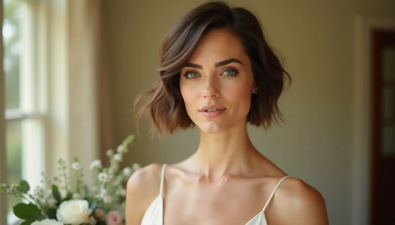 chin length pixie bob haircut with soft layers and face framing pieces for wedding guest style