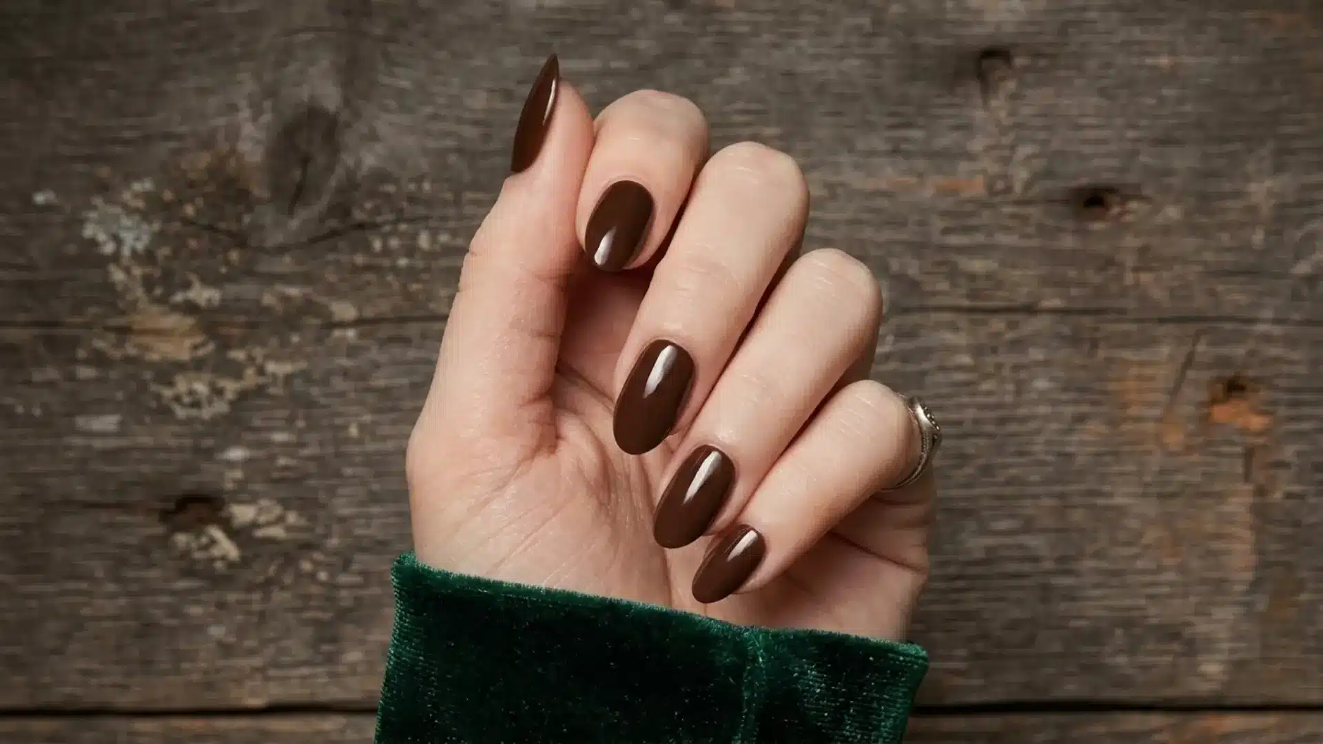 chocolate brown almond nails with glossy finish on hand against rustic wooden background