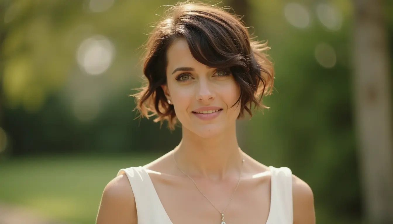 choppy pixie bob haircut with textured layers and natural movement for wedding guest style
