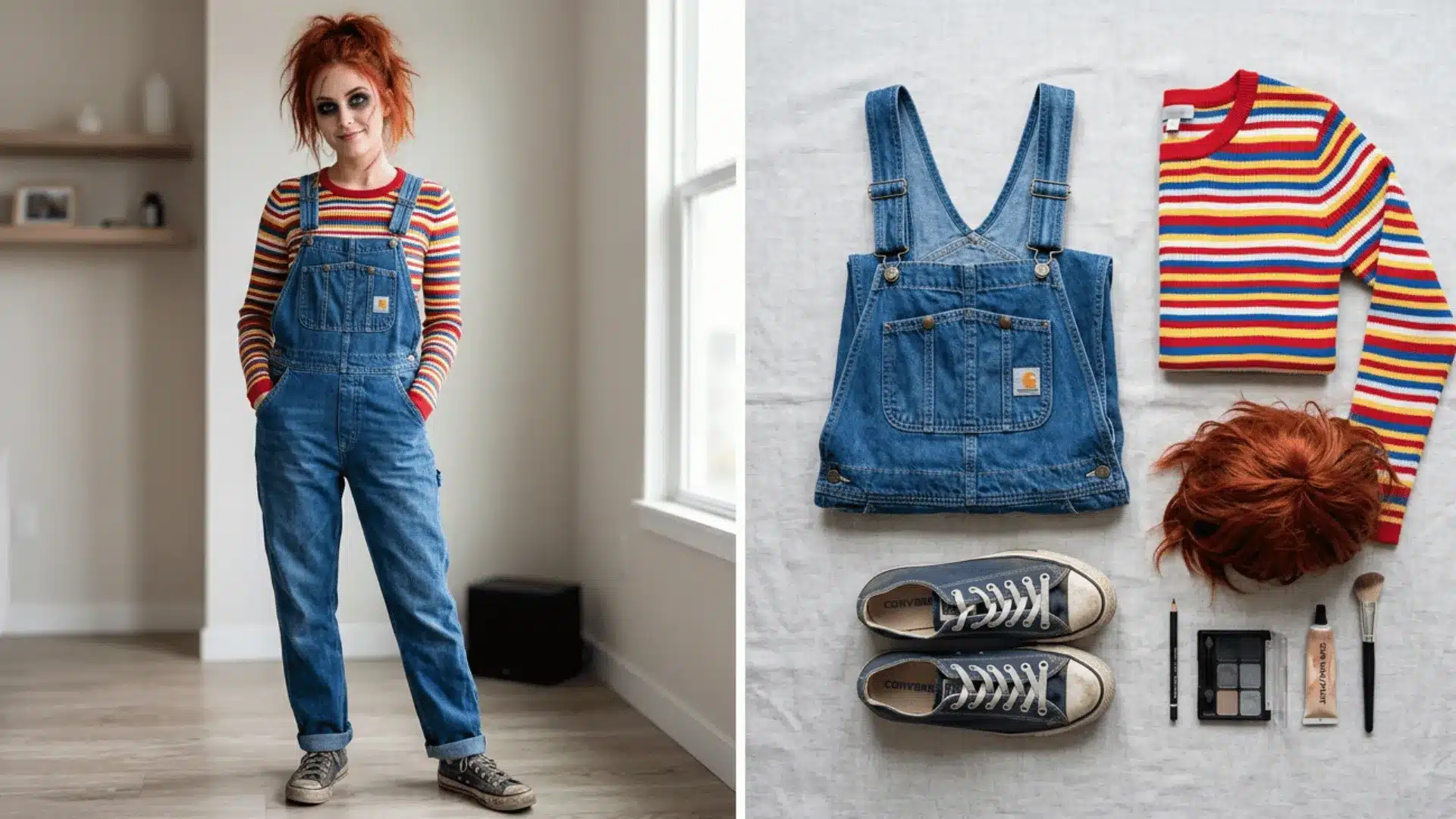 Chucky-inspired costume with overalls, striped shirt, red hair, and scar makeup