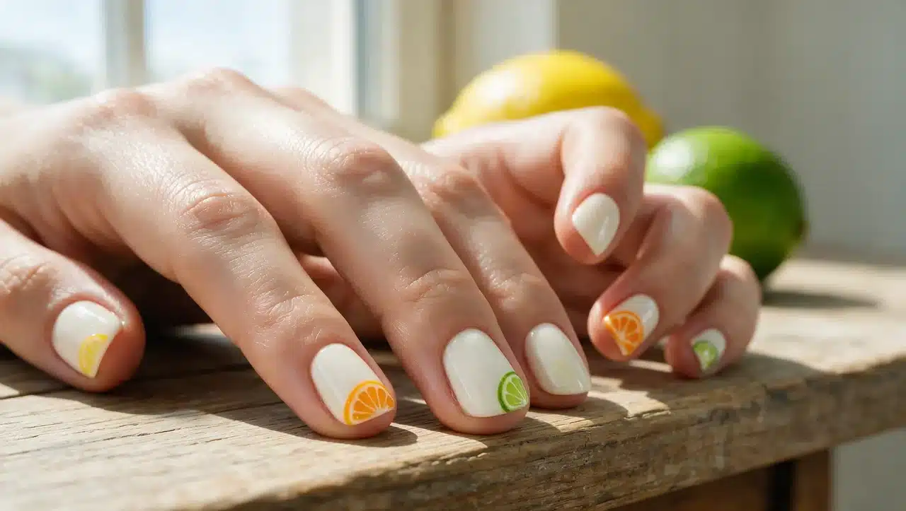 citrus slice nails with lemon orange fruit inspired nail art design