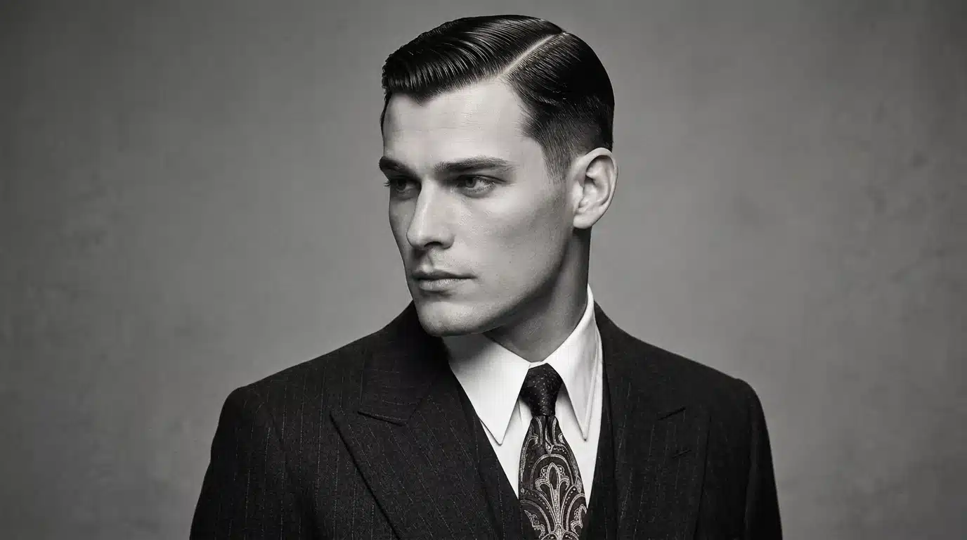 classic deep side part hairstyle with smooth combed hair and tapered sides