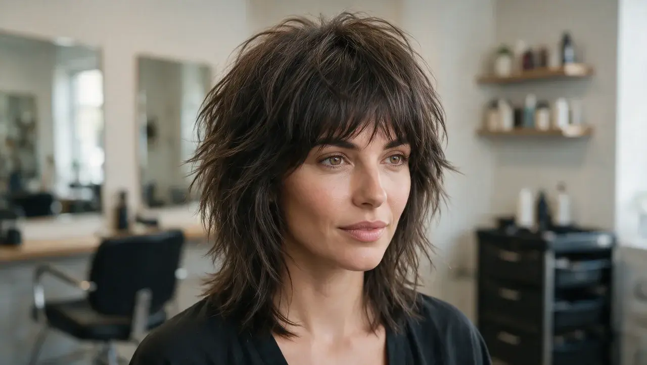classic shag haircut with choppy layers and voluminous crown
