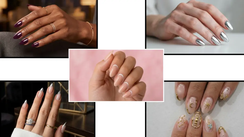 classy edgy almond nail designs featuring burgundy chrome silver french nude and gold celestial styles