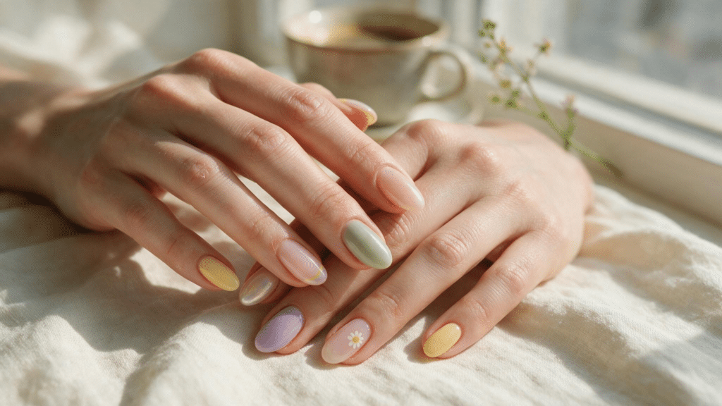 two hands with pastel spring nails slim french tips tiny florals and pearly accents resting on cream linen with real skin