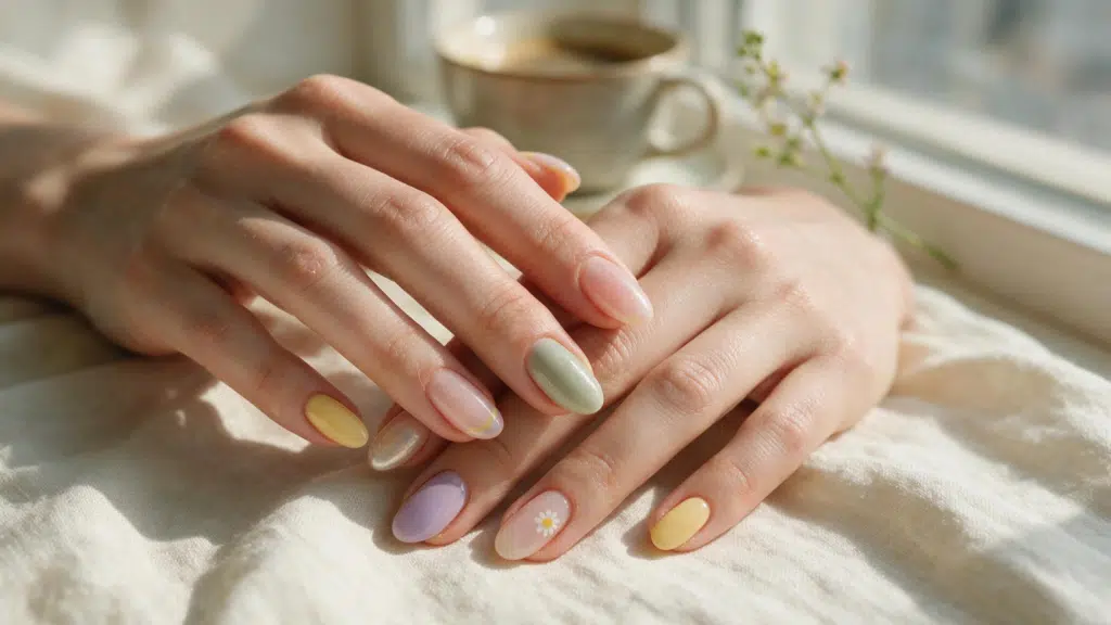 two hands with pastel spring nails slim french tips tiny florals and pearly accents resting on cream linen with real skin