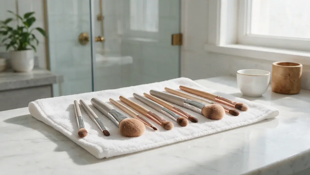 clean makeup brushes drying flat on towel after washing