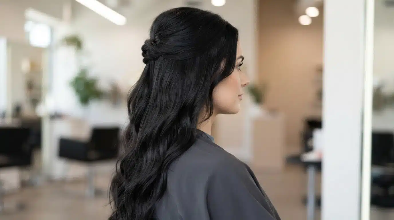 clip in extension half up hairstyle with fuller black hair in salon