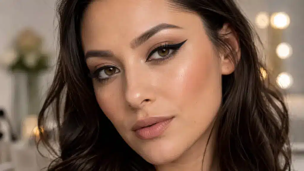 close up beauty portrait of a woman wearing sharp black winged eyeliner and neutral makeup