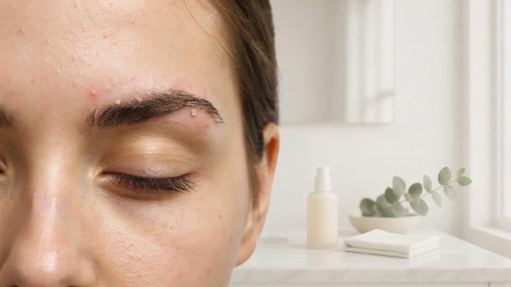 close up eyebrow area showing mild flaking and redness from seborrheic dermatitis