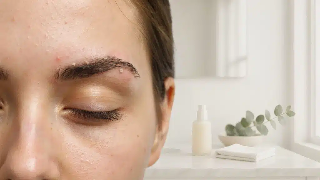 close up eyebrow area showing mild flaking and redness from seborrheic dermatitis
