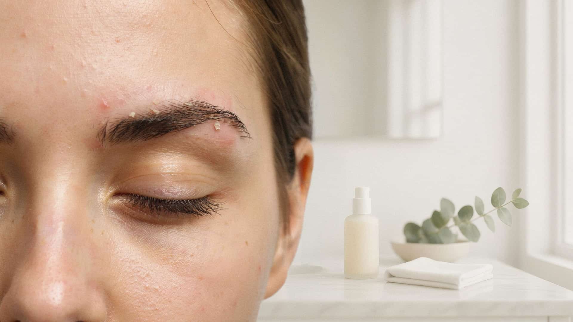 close up eyebrow area showing mild flaking and redness from seborrheic dermatitis