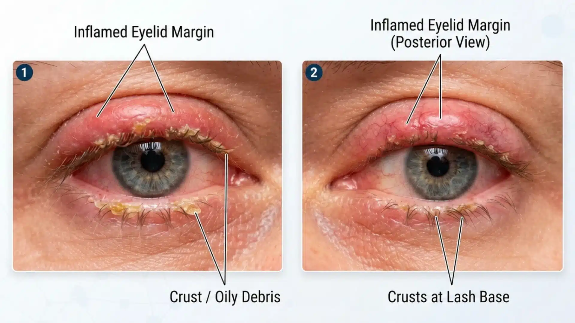 close up medical illustration showing inflamed eyelid margins with redness crusts and oily debris around the lash base