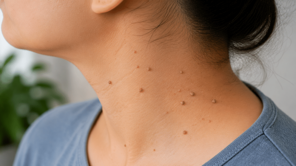 Close-up of a filiform wart on the neck, a common type of skin growth